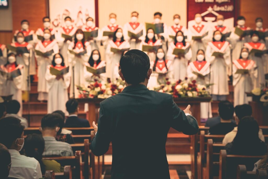 Choir singing in a church, making music