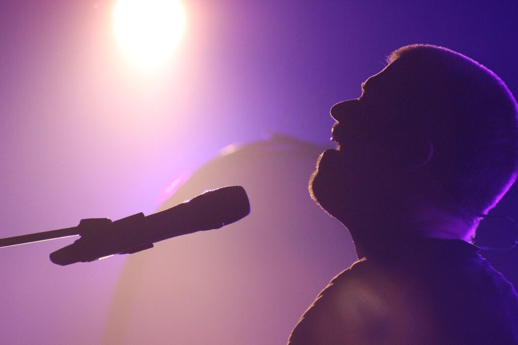 Silhouetted singer holding mic at concert